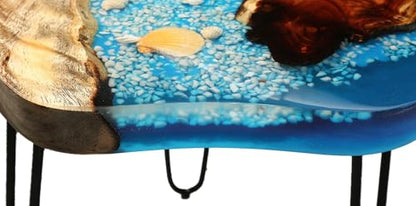 Crystal Clear Epoxy Resin Natural Edge Wood end Table, Wood Resin Side Table Hand Made Craft Coffee Table with Hairpin legs-20 inch Tall (Blue Seashell)