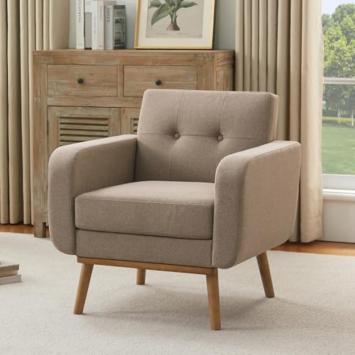 Fabric Accent Chair, Button Tufted Living Room Chairs Easy to Install, Upholstered Arm Chair for Living Room Bedroom Study Office (1, Brown)