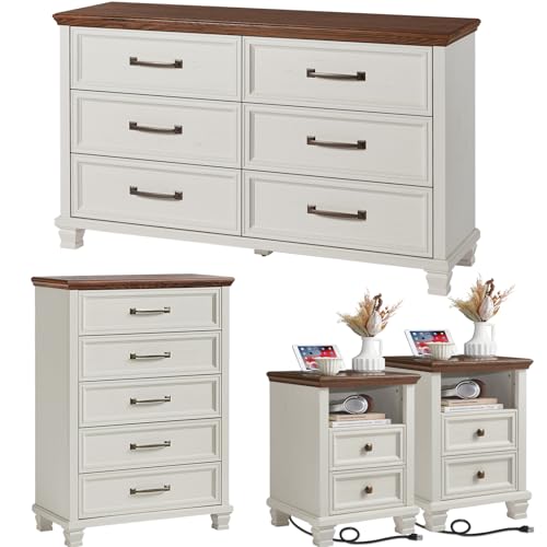 Farmhouse Bedroom Dresser and Nightstand Sets 4 Piece, 5/6 Drawer Dresser & 2 Drawer Nightstand Set for Home, Bedroom, Hallway, White