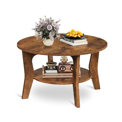 Round Coffee Table, 2-Tier Small Coffee Table with Storage Shelf, Circle Wood Center Table for Living Room, Apartment, Easy Assembly, Rustic Brown