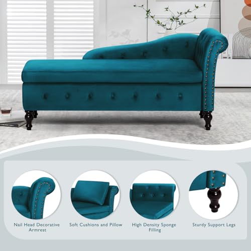 Velvet Chaise Lounge w/Right Armrest & Storage Space, Teal, view 3