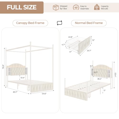 Full Size Upholstered LED Canopy Bed Frame with 2 Drawers and & Charging Station, view 3