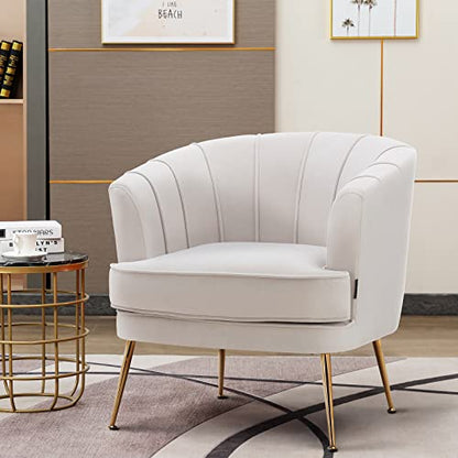 Modern Velvet Barrel Chair Accent Armchair with Golden Legs for Living Room Bedroom Home Office, Channel Tufted Back Club Chair, Beige White Cream