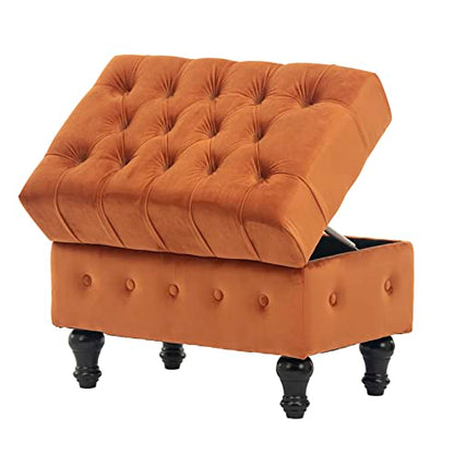 Rectangular Storage Coffee Table Ottoman,Button Tufted Velet Upholstery Footstool Bedroom Ottoman for Living Room, Home Office, Space-Saving Storage Toy Box Stool, Caramel