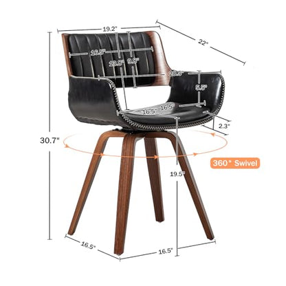 Swivel Accent Faux Leather Dining Chairs Set of 2, Mid Century Modern Chairs with Wooden Legs/Armrest/Upholstered Seat/Adjustable Foots for Kitchen Dining Room Desk Chairs,Black…