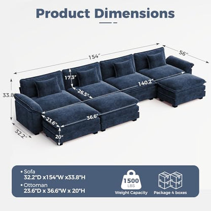 154" Oversized Modular Sectional Sofa, Comfy U-Shaped Cloud Couch w/ 3 Movable Ottoman, 7-Seater Chenille Deep Seat Modern Sofa Couch for Living Room, DIY Combination, Blue