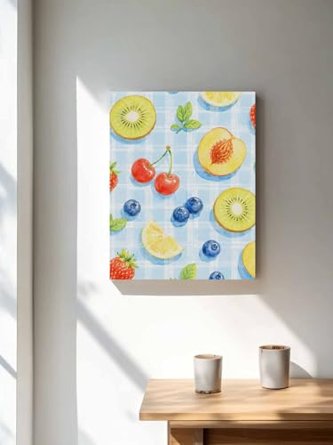 NuYeBiofx Summer Fruit Slices Peach Pattern Canvas Wall Art Prints,48"x32" Framed Picture Artwork Blue Gingham Backdrop Printed Canvas Oil Painting for Living Room Bedroom Office,Ready to Hang