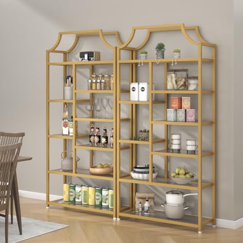 8-Open Shelf Bookshelf, 70.87" H x 31.5" L Lux Etagere, Tempered Glass Bookcase, Tall Storage Display Modern Open Book Case for Bedroom, Home Office & Living Room, Gold Finish & Glass Shelving