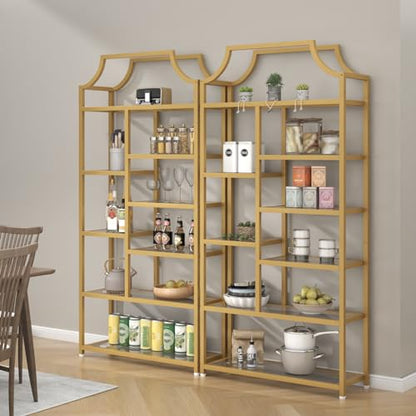 8-Open Shelf Bookshelf, 70.87" H x 31.5" L Lux Etagere, Tempered Glass Bookcase, Tall Storage Display Modern Open Book Case for Bedroom, Home Office & Living Room, Gold Finish & Glass Shelving