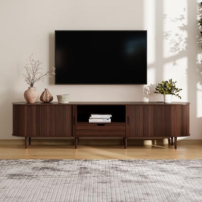 86.6" Fluted TV Stand with Power Outlet for TVs up to 90", TV Console with Adjustable Shelves and Sliding Door,Mid Century Modern Entertainment Center for Living Room,Bedroom (Walnut)