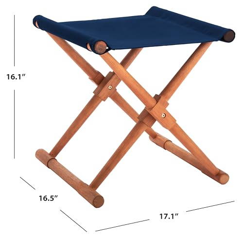 SAFAVIEH Outdoor Patio Furniture Collection – Breanne Natural & Navy Outdoor Stool Set of 2, Solid Wood Folding Accent Seating (PAT7053B-SET2)