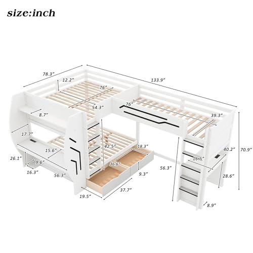 JIVOIT L-Shaped 3 in 1 Bunk Bed, Full & Twin Size Gaming Bunk Bed with Built-in Desks and Pegboard Organizer, Ladders, Storage Drawers and Open Shelve, Multi-User Bunk Bed for Kids Teens (White/62)