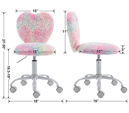 Kids Desk Chair Faux Fur Study Chair for Teenage Girls, Adjustable Heart Shaped Kids Vanity Chair for Bedroom Reading Living Room, Small Cute Student Task Chair with White Foot, Colorful