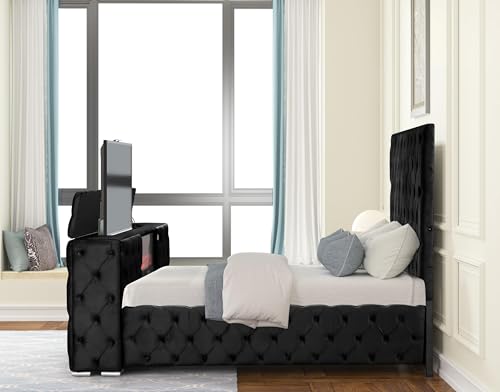 Velvet Platform Bed with Tufted Features, Fireplace & TV Stand, view 6