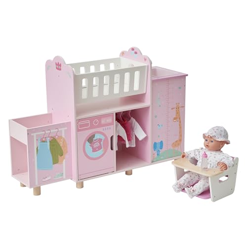 Olivia's Little World Amanda 6-in-1 Wooden Doll Nursery Station, Pink/Multi | Rocking Cradle, High Chair, Storage, Washing Machine and Sink, For 3 yrs and up