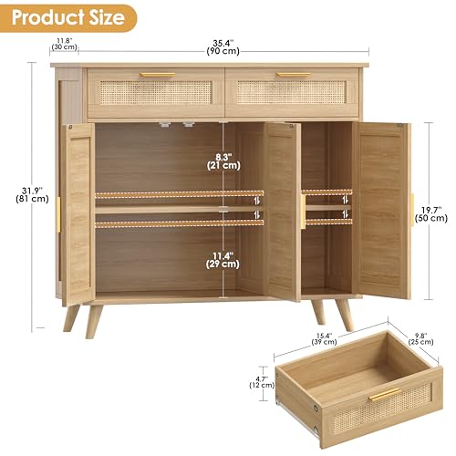 Rattan Sideboard Buffet Cabinet with Storage, 35.4" W Buffet Cabinet with 2 Drawers and 3 Doors, Sideboard Storage Cabinet with Adjustable Shelves for Kitchen, Living Room, Natural Oak