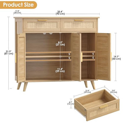 Rattan Sideboard Buffet Cabinet with Storage, 35.4" W Buffet Cabinet with 2 Drawers and 3 Doors, Sideboard Storage Cabinet with Adjustable Shelves for Kitchen, Living Room, Natural Oak