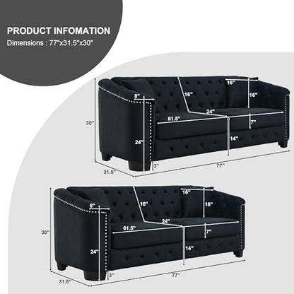 77" Modern Chesterfield Sofa Couch for Living Room, 2 Piece 3-Seater Velvet Couch with Upholstered Tufted Backrests, Nailhead Arms & 4 Cushions for Bedroom, Coffee Bar & Office, Black