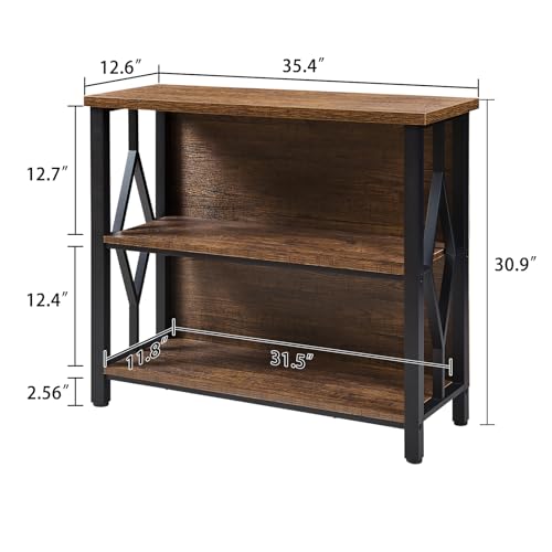 Bookshelf, 3-Tier Rustic Short Bookshelf, Industrial Shelf Bookcase with Engineered Wood Shelves, Low Bookcase with Storage, Small Shelf for Living Room, Bedroom and Office, Rustic Brown