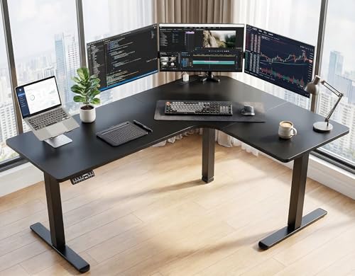 63″ L-Shaped Standing Desk, Built-in Power Outlets, Electric Height Adjustable Corner Computer Desk, Large Power Strip Holder, Sit Stand Up Desk with 3 Preset Heights, Black