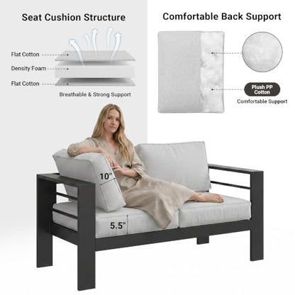 Patio Furniture Metal Armchair,2 PCS All-Weather Aluminum Garden Outdoor Contemporary Sofa Chair with Cushions, Light Grey