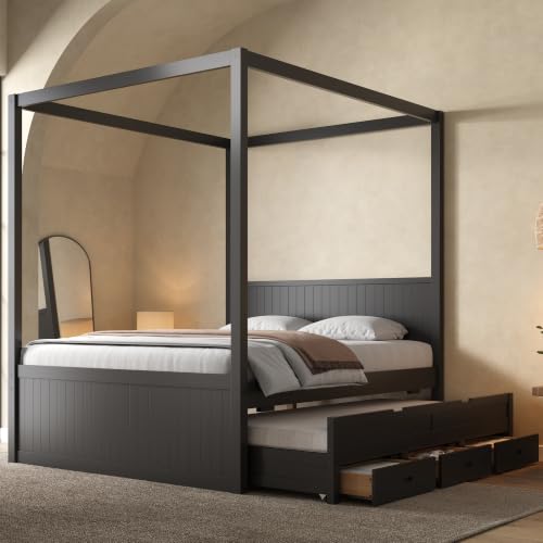 Full Size Farmhouse Canopy Bed with Storage Drawers and Trundle, view 5