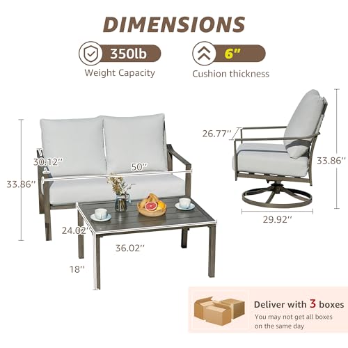 Patio Furniture Set,4 Piece Outdoor Conversation Metal Swivel Rocking Chairs Set with Hand-Woven Rope High Back,Sturdy Hand Brushed Wood Grain Finish Frame,6" Cushions for Yard