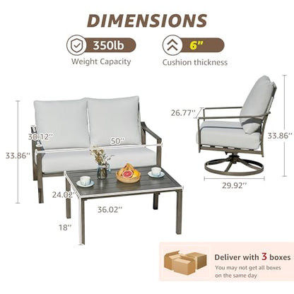 Patio Furniture Set,4 Piece Outdoor Conversation Metal Swivel Rocking Chairs Set with Hand-Woven Rope High Back,Sturdy Hand Brushed Wood Grain Finish Frame,6" Cushions for Yard
