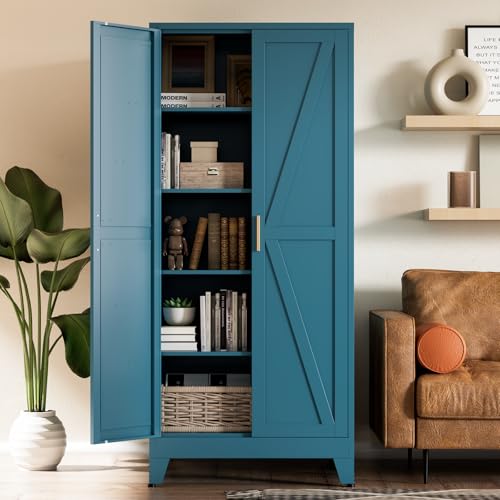 Home Farmhouse Storage Cabinet with Barn Door, Tall Kitchen Pantry Cupboard with Adjustable Shelves, for Dining Room, Bathroom, Living Room Blue.