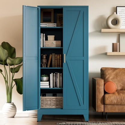 Home Farmhouse Storage Cabinet with Barn Door, Tall Kitchen Pantry Cupboard with Adjustable Shelves, for Dining Room, Bathroom, Living Room Blue.