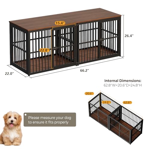66'' Dog Crate Furniture for 2 Small to Medium Dogs, Walnut, view 7