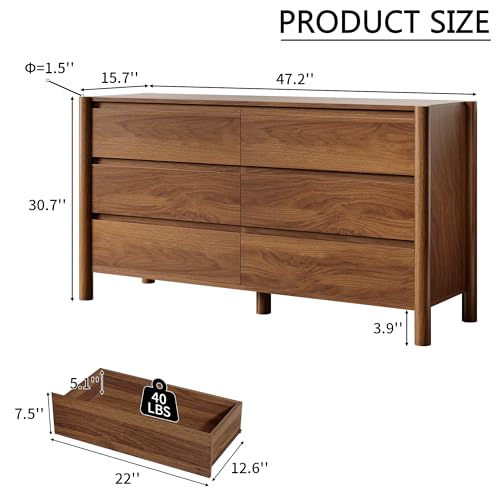 47" Wide 6-Drawer Dresser,Mid-Century Modern Chest with Solid Wood Legs, Concealed Handle,Large Wood Storage Organizer, Bedroom Storage,Walnut