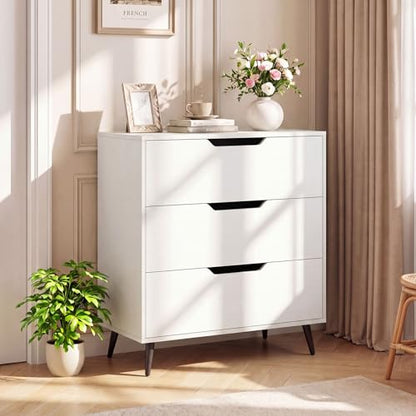 3-Drawer Dresser, Chest of Drawers, Rustic Farmhouse Wooden Storage Dresser, Sofa Beside Table, Utility Storage Organizer for Bedroom, Living Room, Study, Entryway and Closet (White)