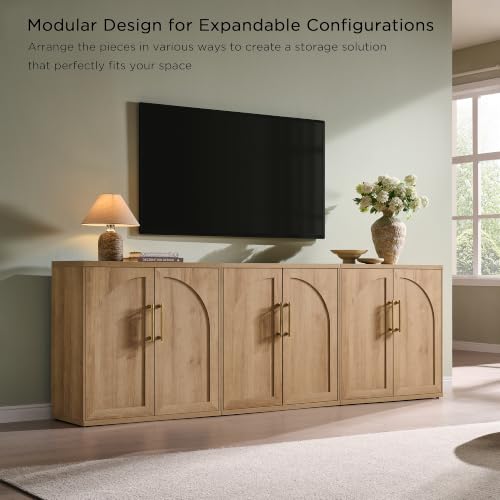 Arched Door Sideboard Buffet Cabinet Set of 3, Natural Oak, view 7