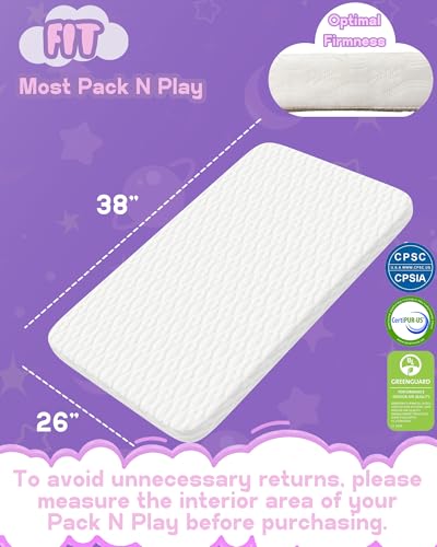 Pack N Play Mattress 38"x26", fit Graco/Pamo/Baby Trend/Dream On Me and Most Pack N Play Playpens & Playards with Ultra-Suppotive Foam, Breathable Cover, Water Resistant Lining