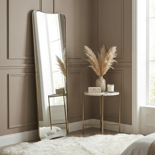 Full Length Mirror 21" x 64", Gold Decorative Full Body Mirror with Stainless Steel Thin Frame, Italian Curved Edge Design, Wall Mount or Leaning for Bedroom, Cloakroom, Living Room