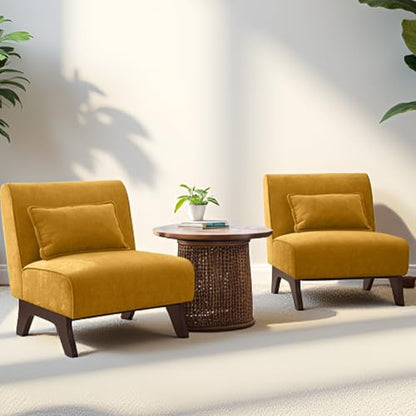 Armless Accent Chairs Set of 2,Modern Comfy Upholstered Living Room Chairs with Wooden Legs& Pillows,Lounge Sofa Side Chair for Bedroom Farmhouse Reading (2PCS, Yellow)