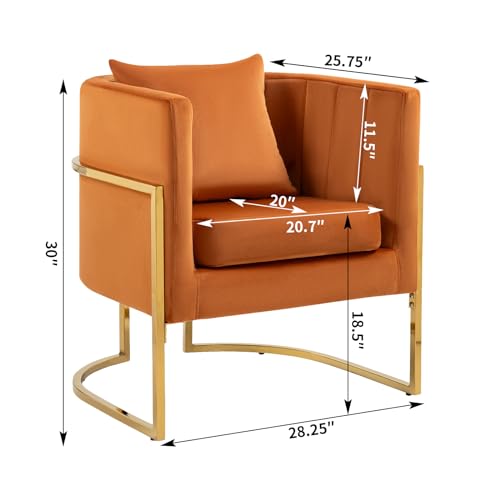 Velvet Modern Accent Chairs Set of 2, Upholstered Barrel Armchair Mid Century with Pillow for Living Room, Comfy Single Vanity Chair with Metal Gold Legs for Bedroom, Orange
