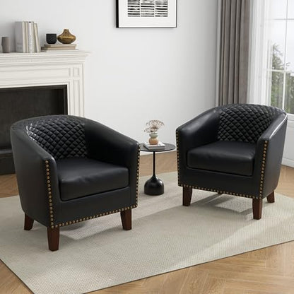 Faux Leather Barrel Accent Chairs Set of 2, Modern Club Upholstered Arm Chair, Comfy Armchair Nailed Trim Living Room Single Sofa Reading Seat Bedroom Side Sitting for Office, Black