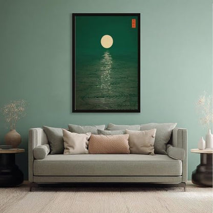 Green Zen Moon Wall Art Emerald Forest Landscape Print Mid Century Modern Minimalist Ripples Poster Oriental Calm Nature Picture for Living Room Bedroom Decor