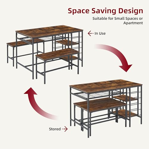 Dining Table Set for 4, Kitchen Table Set for 4 with 2 Benches, 3 Piece Dining Room Table Set for Small Space Apartment, Retro Brown