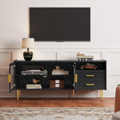 Modern 60” TV Stand for 55/60/65 inches TVs, Glass Door TV Console Table with Drawers, Entertainment Center with Storage, Black Television Stands, Wood Media TV Cabinet, Living Room