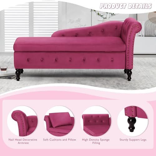 Velvet Chaise Lounge w/Right Armrest & Storage Space, Fuchsia, view 5