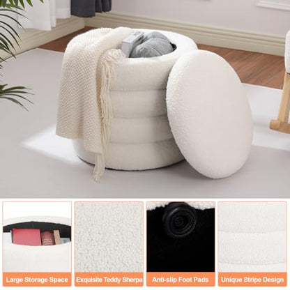 Teddy Sherpa Round Ottoman with Storage, Modern Upholstered Vanity Stool Foot Rest, Small White Boucle Storage Ottoman for Bedroom, Living Room, Entryway, Dorm