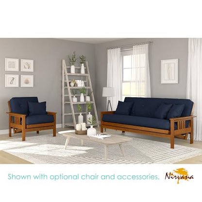 Stanford Futon Set - Full Size Futon Frame with Mattress Included (8 Inch Thick Mattress, Twill Navy Blue Color), Heavy Duty Wood, Popular Sofa Bed Choice