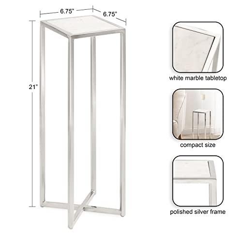 Jaspur Modern Glam Drink Table, 7 x 7 x 21, White and Silver, Decorative Metal and Marble Accent Martini Cocktail Table for Display and Storage