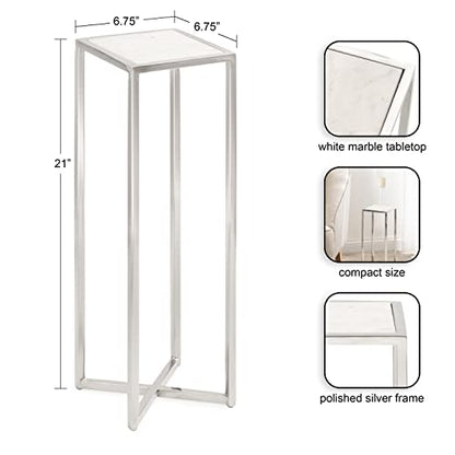 Jaspur Modern Glam Drink Table, 7 x 7 x 21, White and Silver, Decorative Metal and Marble Accent Martini Cocktail Table for Display and Storage