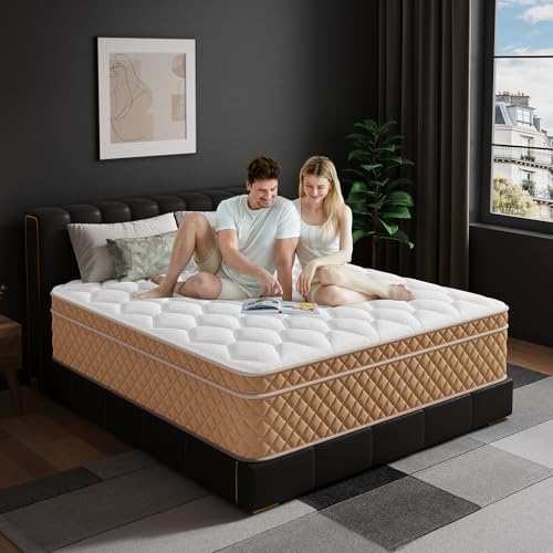 Queen Size Mattress, 12 Inch Hybrid Mattress in a Box – Memory Foam with Pocket Springs, Cooling Gel, Pressure Relief, Motion Isolation, CertiPUR-US Certified, Medium Firm,Brown