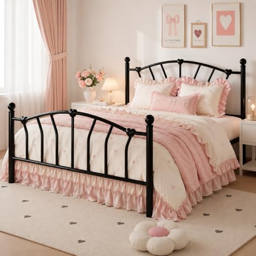 Full Size Metal Bed Frame, Heart-Shaped Design, Black, view 4