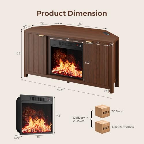 Corner Fireplace TV Stand for 55" TV, Fluted Entertainment Center, Walnut, view 3